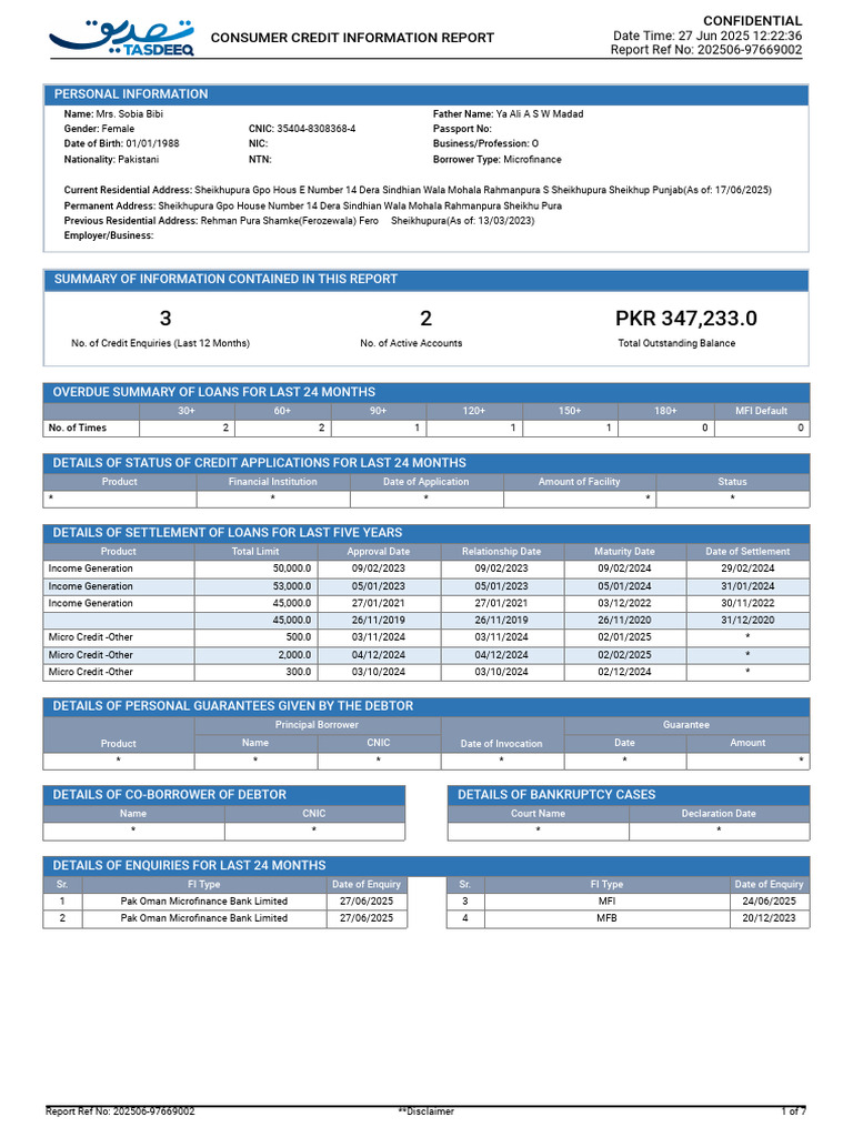 Microfinance Credit Report for Sobia Bibi | PDF | Loans | Credit