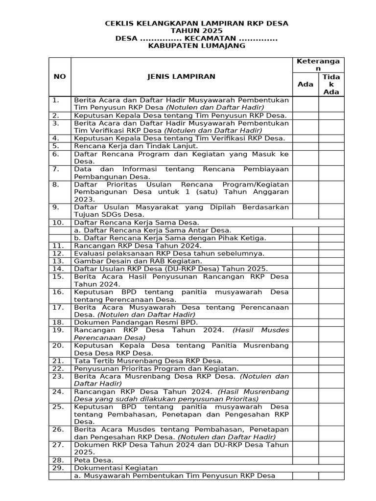 Ceklis RKP Desa 2025 untuk Lumajang | PDF