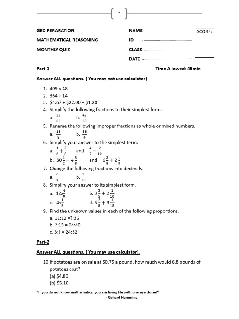 GED Math Quiz Preparation Guide | PDF | Chess Openings | Chess Theory