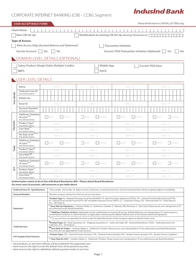 IndusInd Bank CIB User Acceptance Form | PDF | Banking | Financial Services