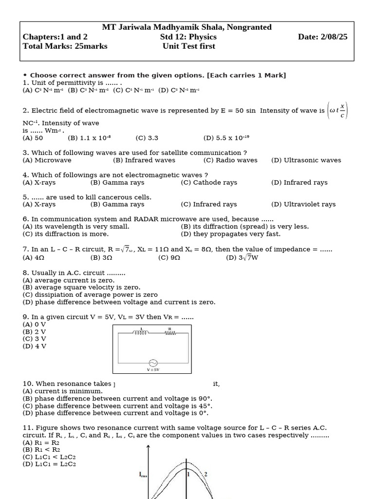 Std 12 Physics Unit Test Questions | PDF | Waves | Electromagnetic ...