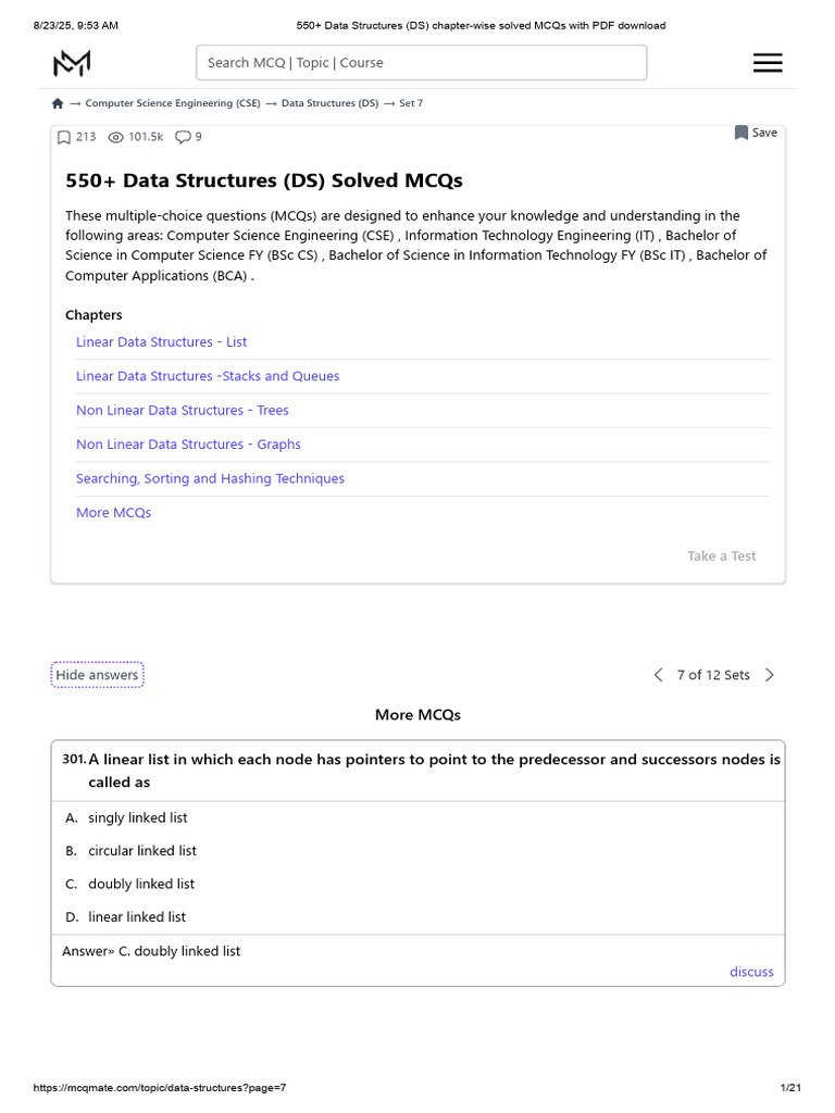 Data Structures MCQs Cheat Sheet | PDF | Queue (Abstract Data Type ...