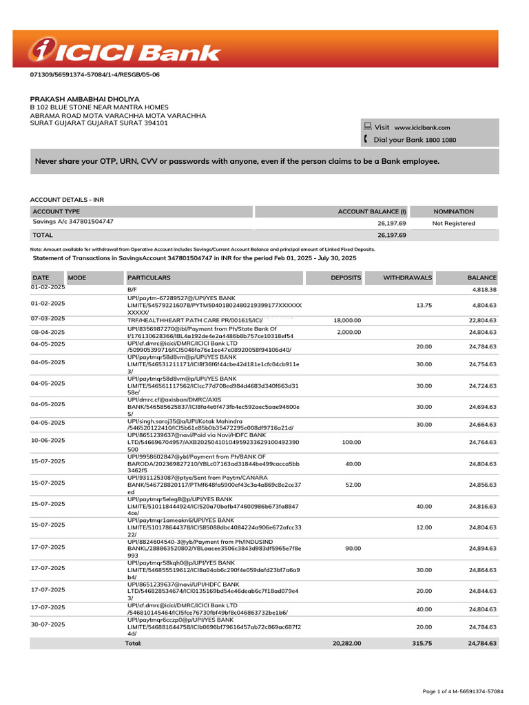 ICICI Bank Savings Account Statement | PDF | Banks | Debit Card