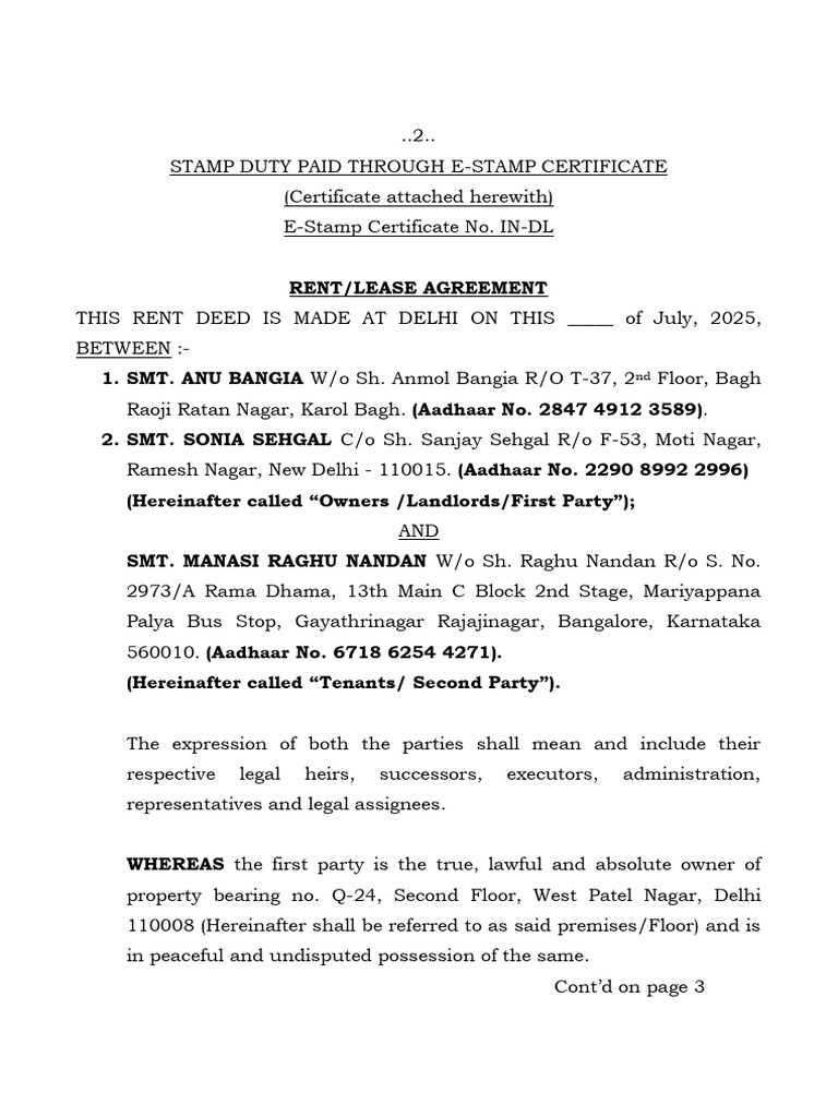 Rent Agreement Anu Bangia and Sonia Sehgal and Manasi Raghu | PDF ...
