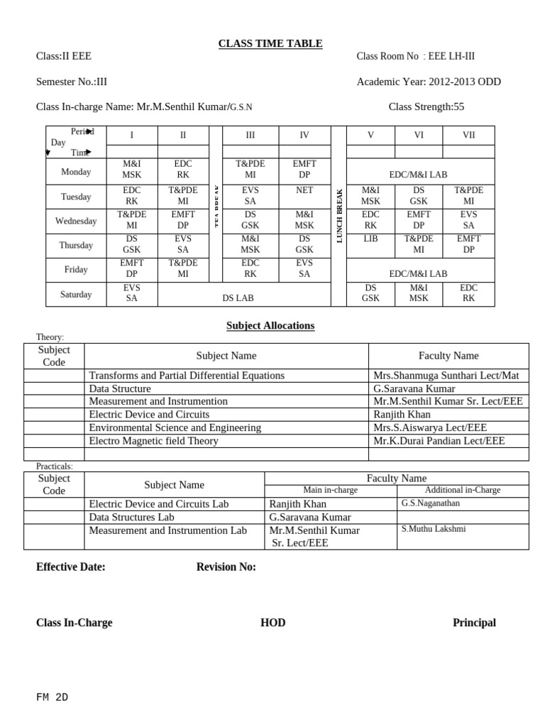 2012-2013 EEE Class Timetable | PDF | Electrical Engineering | Partial ...