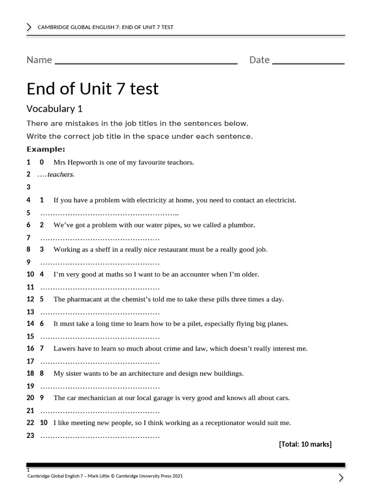Cambridge Global English 7 Unit 7 Test | PDF | Power Station | English ...