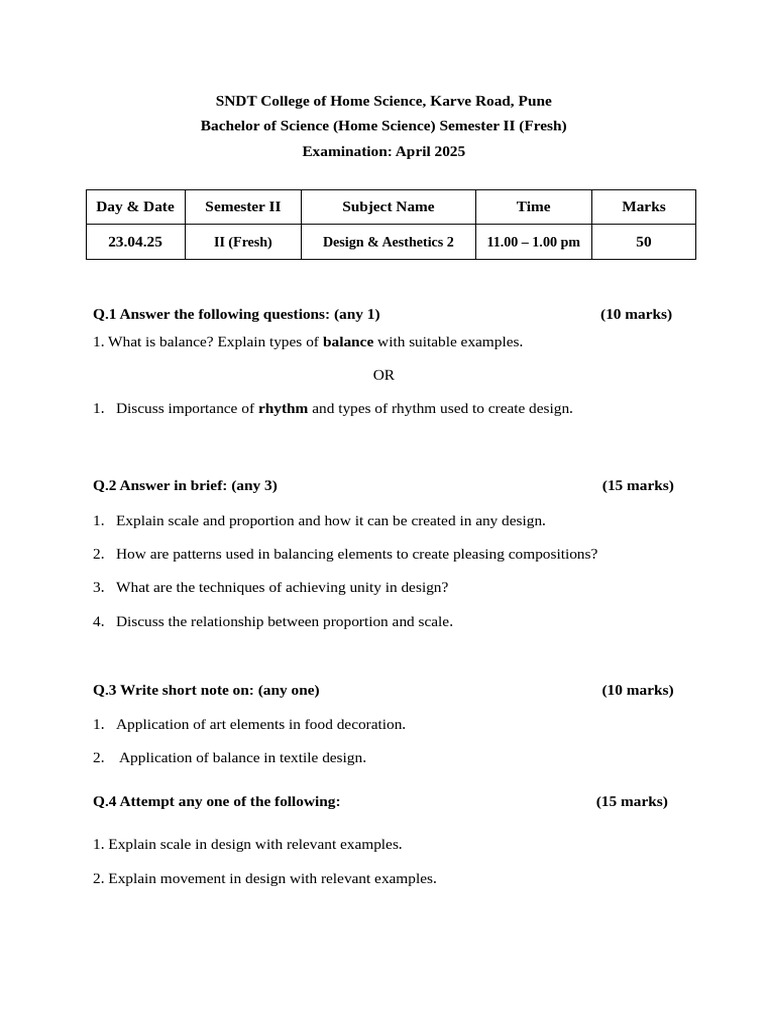 Home Science Design Exam Questions | PDF