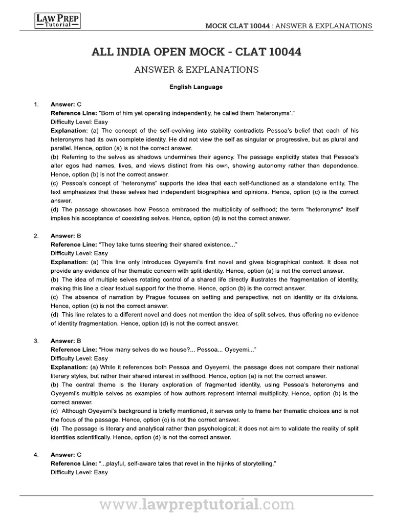 CLAT 10044 Mock Test Answers & Explanations | PDF