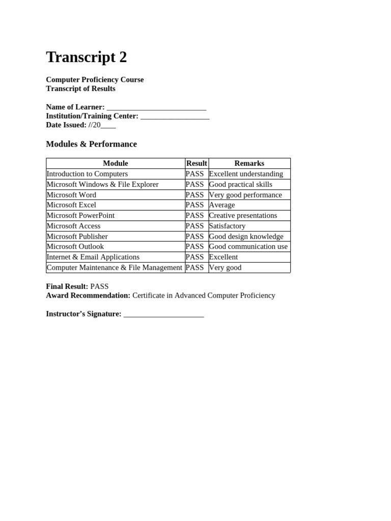 Computer Proficiency Course Transcript | PDF