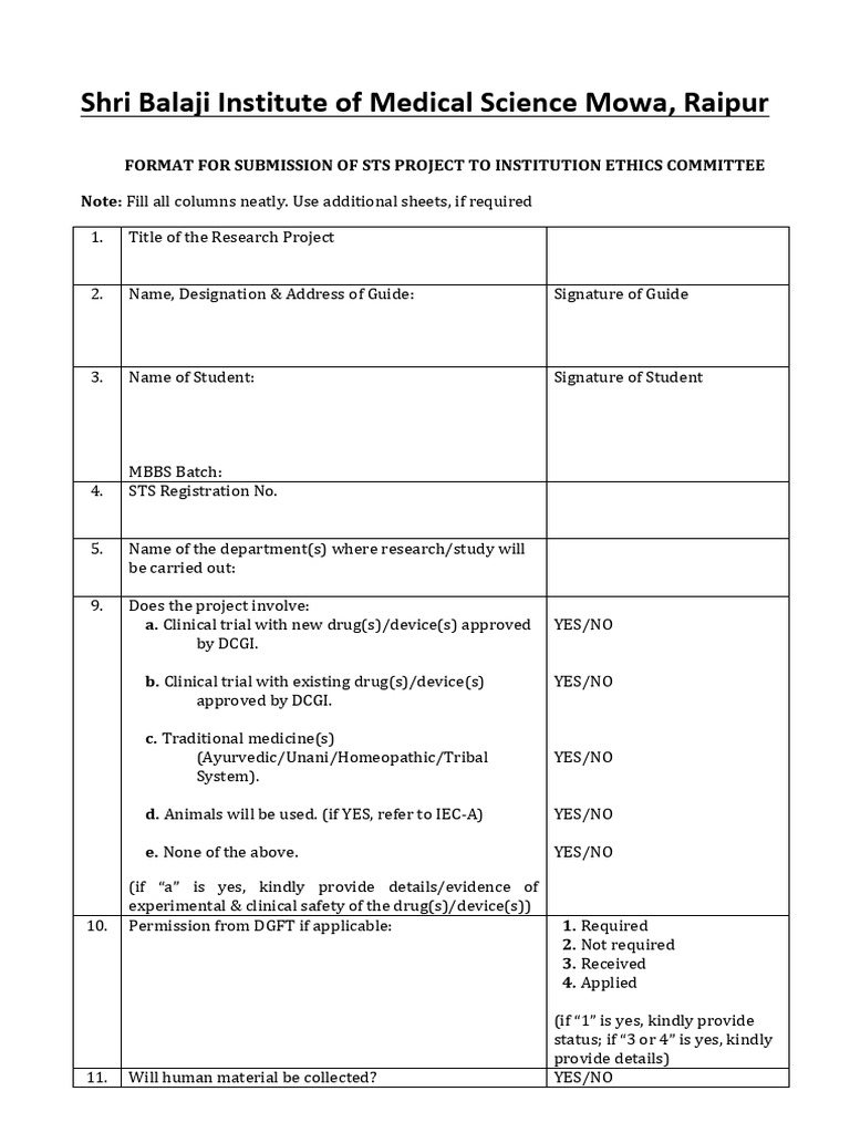 STS Project Submission Form Template | PDF | Medicine | Clinical Trial