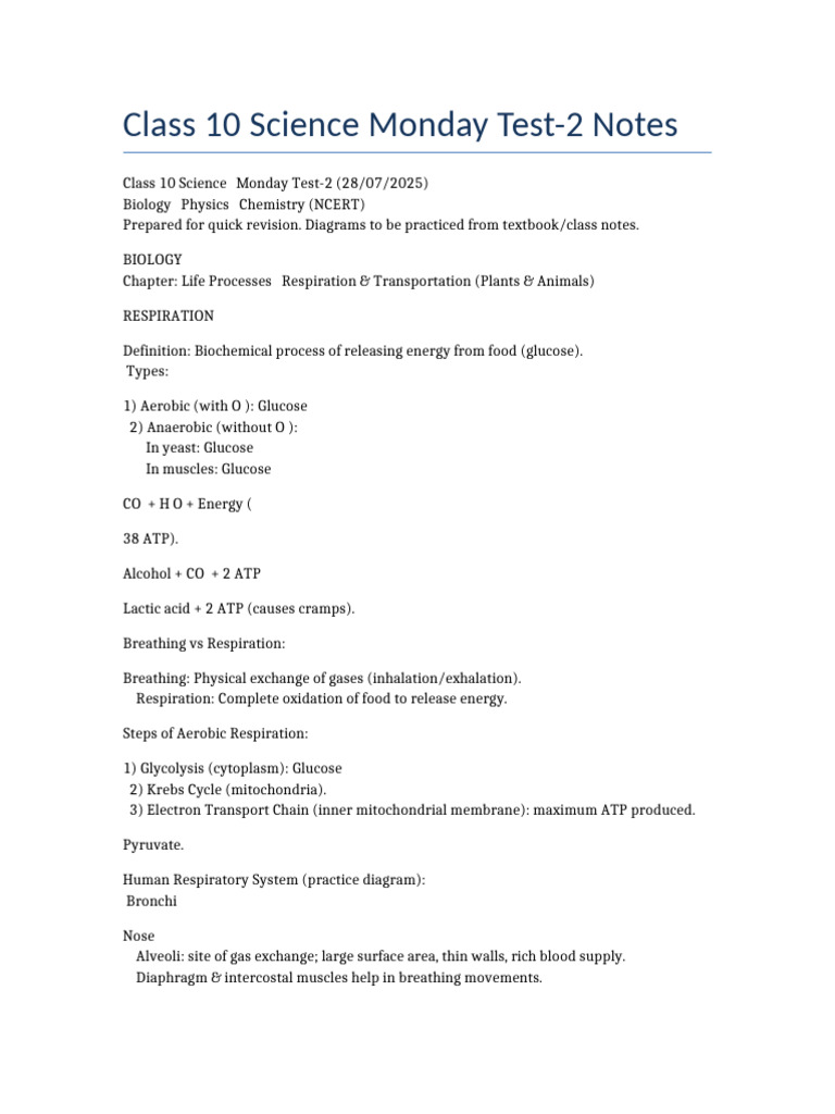 Class10 Science Monday Test 2 Notes | PDF | Cellular Respiration | Lung