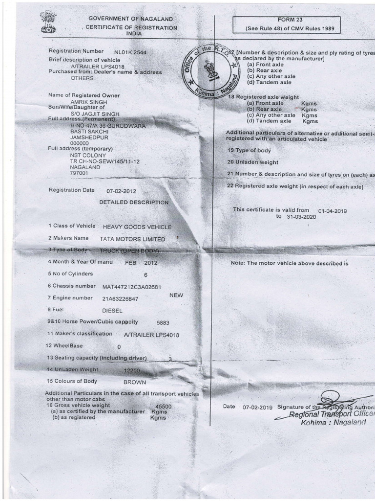 Vehicle Registration Certificate Details | PDF
