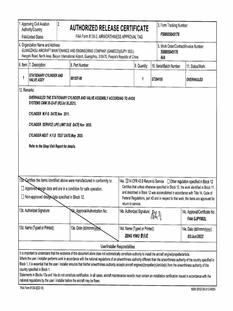 PN 801307-00 SN ST284155 Crew Oxygen Cylinder | PDF
