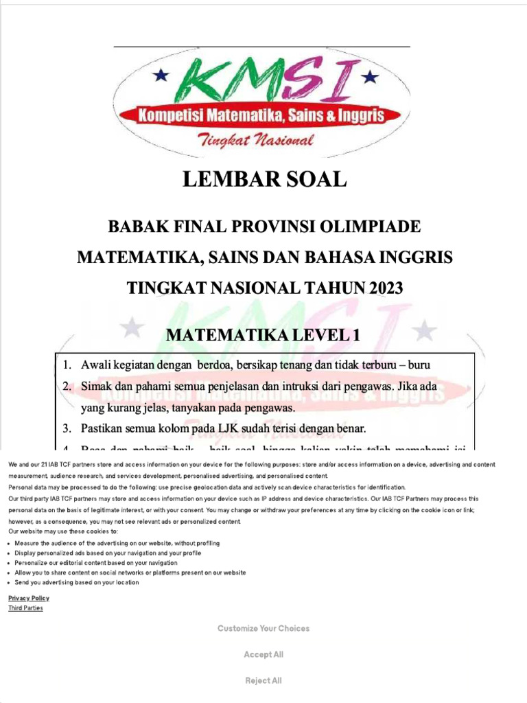 Soal Final Matematika KMSI Level 1 | PDF
