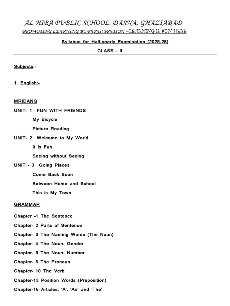 Class - II Syllabus For Half Yearly Examination | PDF | Noun | English ...