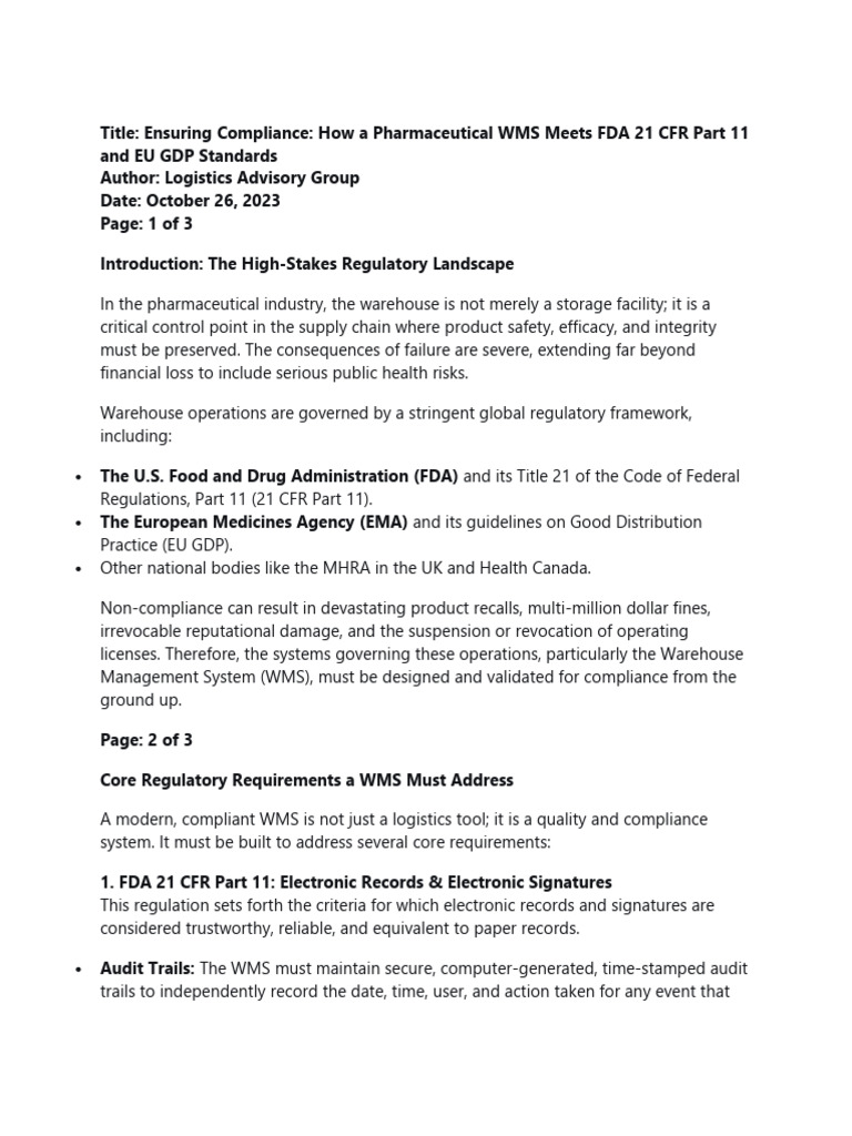 FDA Compliant WMS for Pharma Operations | PDF | Regulatory Compliance