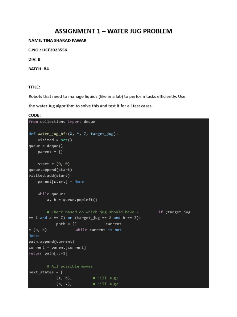Water Jug Problem Algorithm Code | PDF