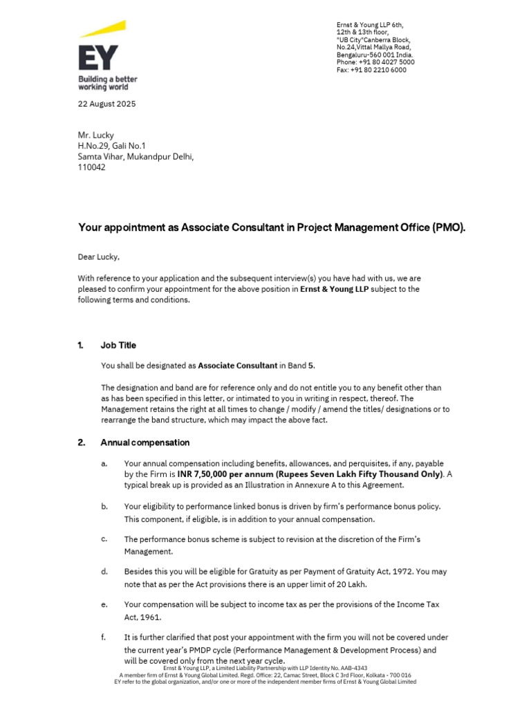 EY Offer Letter for Associate Consultant | PDF | Limited Liability ...