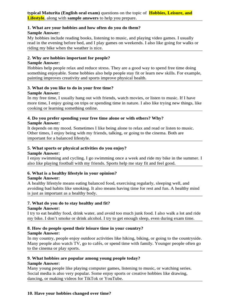 Maturita Exam: Hobbies & Lifestyle Questions | PDF | Hobbies