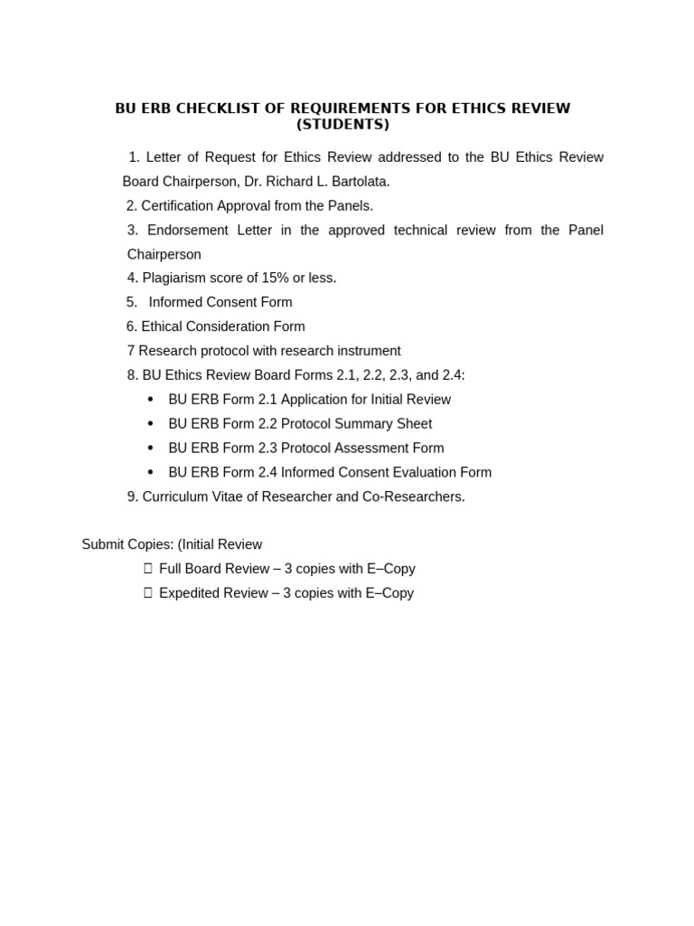 ERB Checklist For Ethics Review Student | PDF