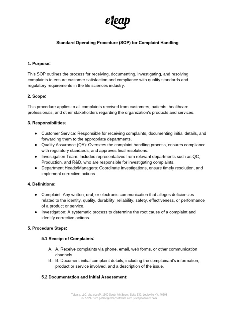 SOP for Customer Complaint Handling | PDF | Regulatory Compliance ...