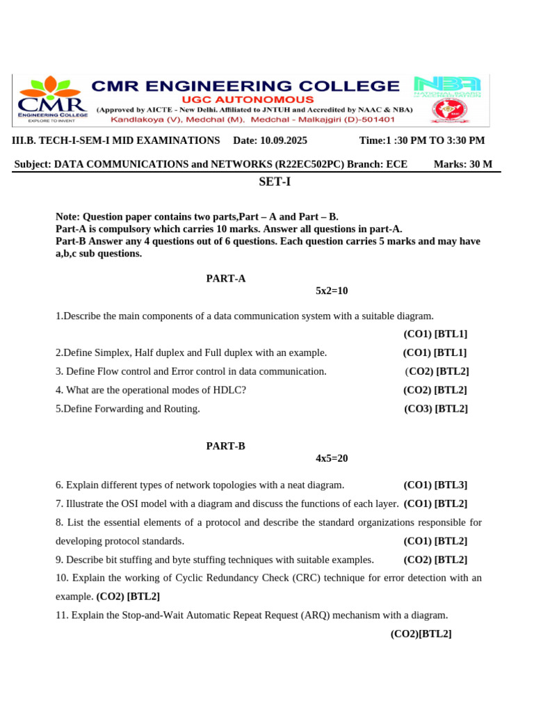 DCN MID 1 Question Paper 03.09.25 | PDF | Error Detection And ...