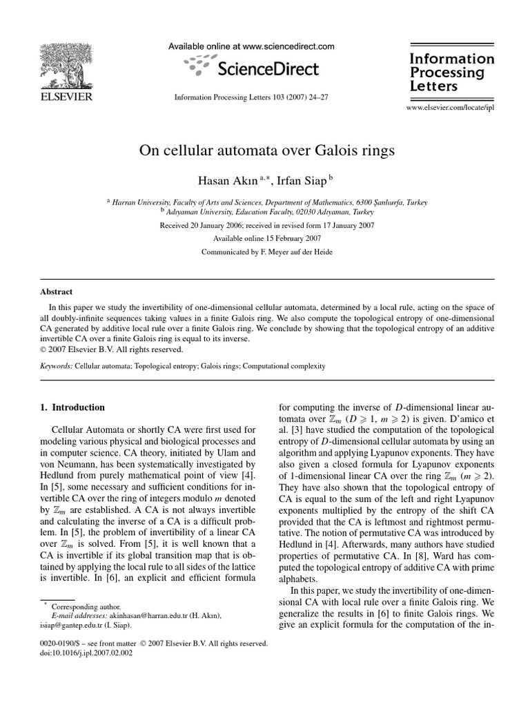 On Cellular Automata Over Galois Rings | PDF | Ring (Mathematics ...