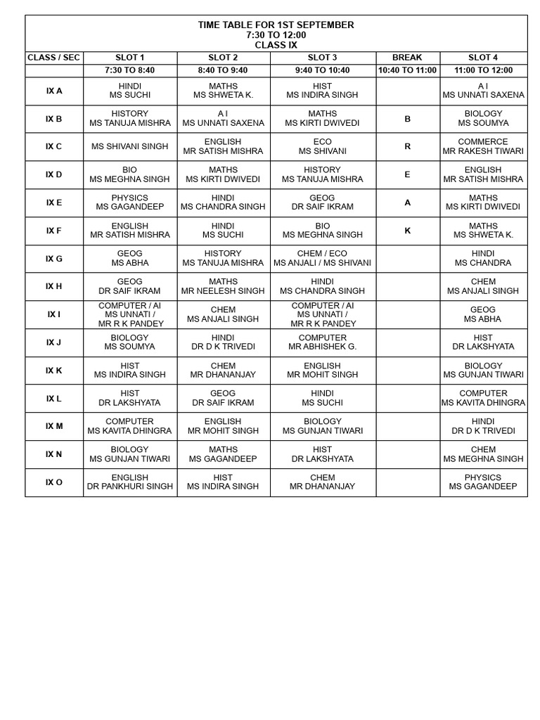 Time Table - 1st September - Sheet8 | PDF