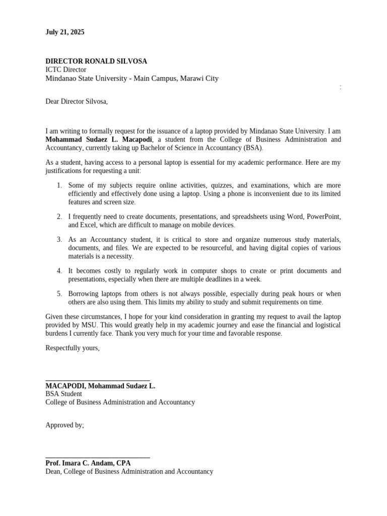 MSU Laptop Request by BSA Student | PDF