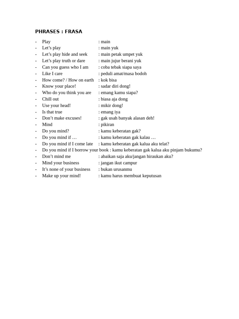 Common Phrases Translated to Indonesian | PDF