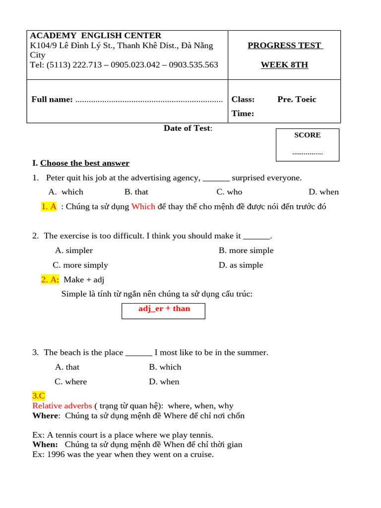 Key Pre - Toeic-S1 Week 8 | PDF