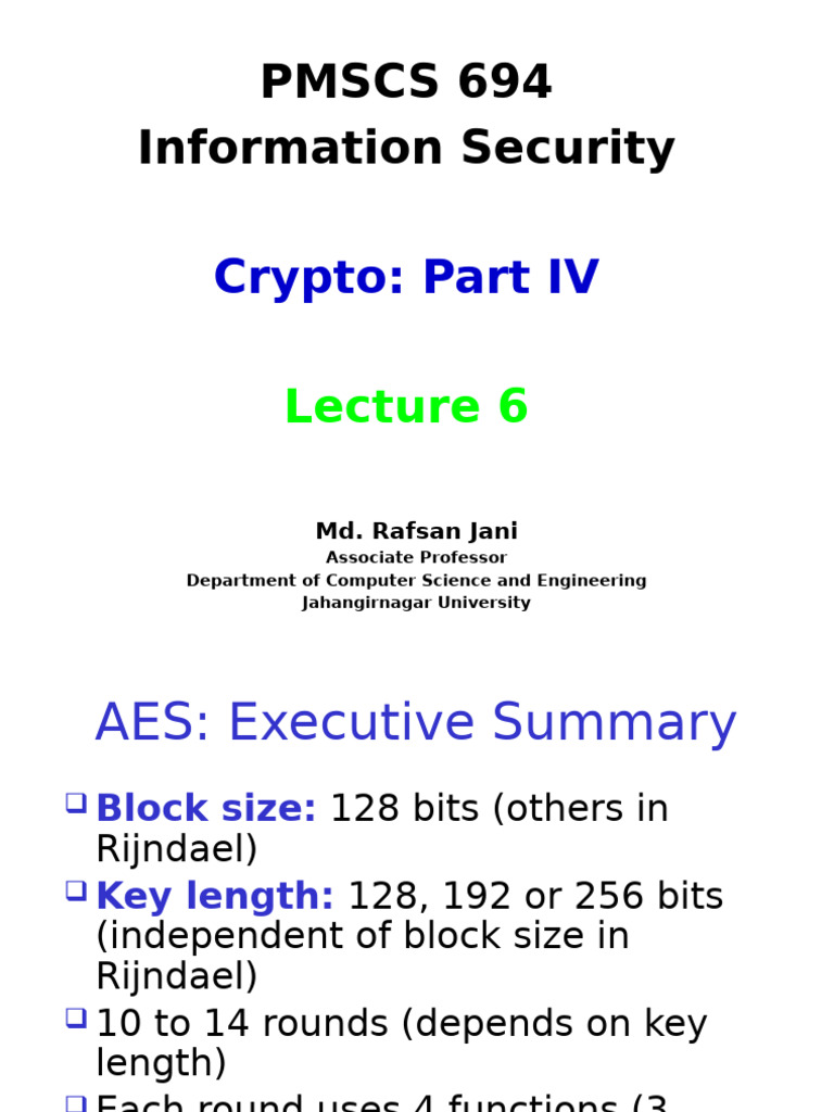 PMSCS 694 Lecture 6 Crypto Part IV | PDF | Cryptography | Encryption