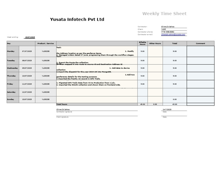 Weekly Time Sheet for YLOG Contractor | PDF