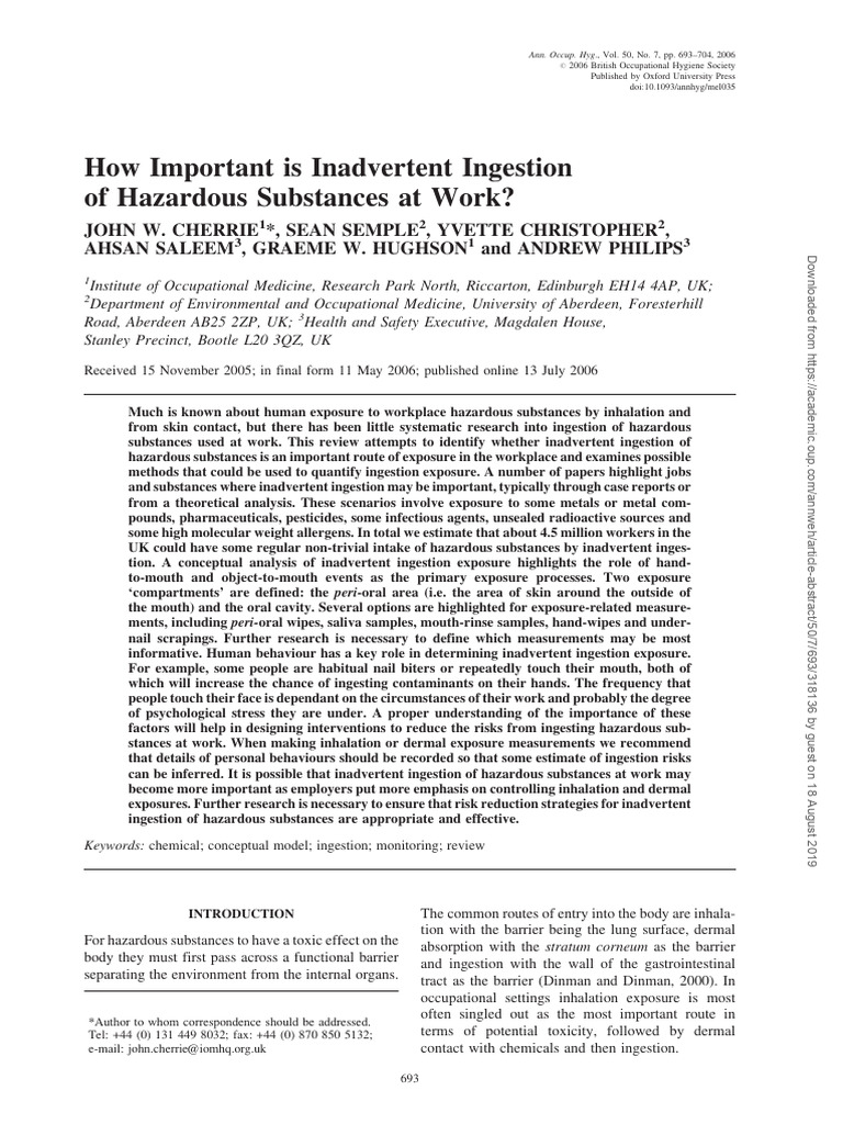 How Important Is Inadvertent Ingestion of Hazardous Substances at Work ...