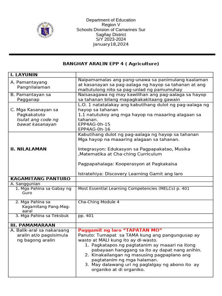CO LESSON PLAN EPP AGRI 4 HAYOP 1 AutoRecovered | PDF