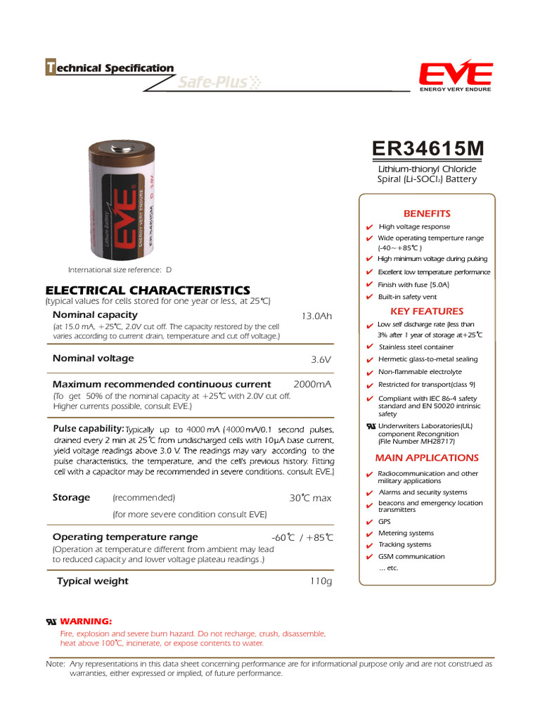 ER34615M Lithium Battery Specifications | PDF | Electricity ...