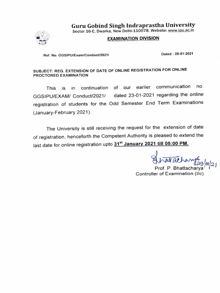 GGSIPU Online Exam Registration Extension | PDF