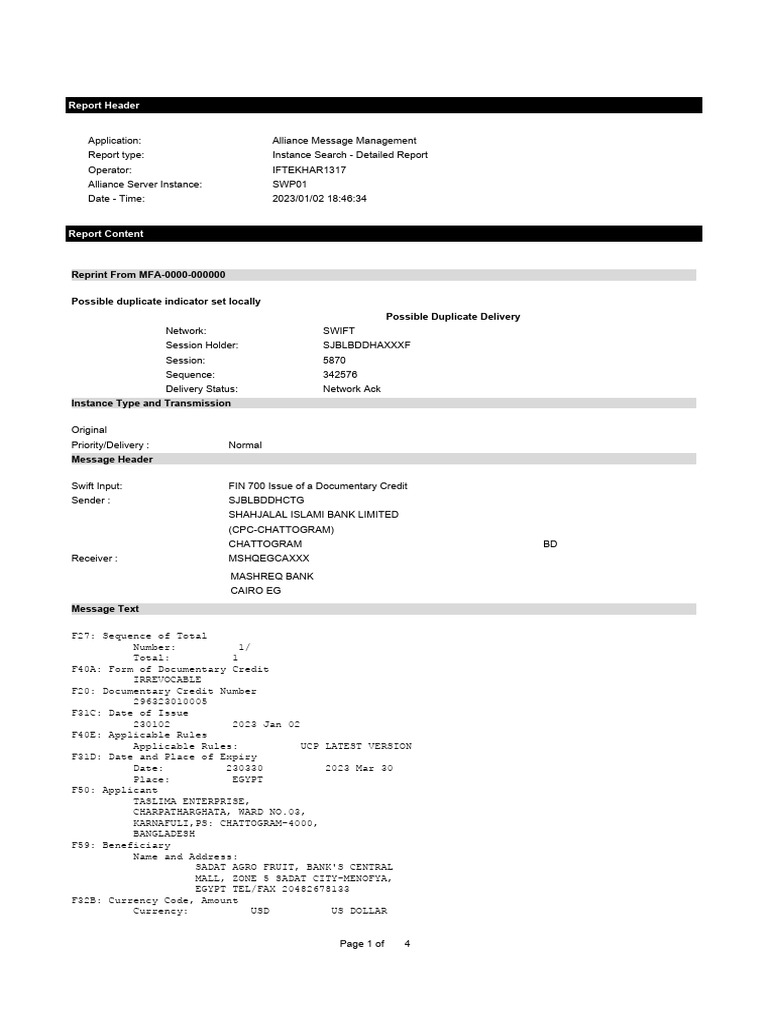 Detailed SWIFT Message Report | PDF | Bill Of Lading | Receipt
