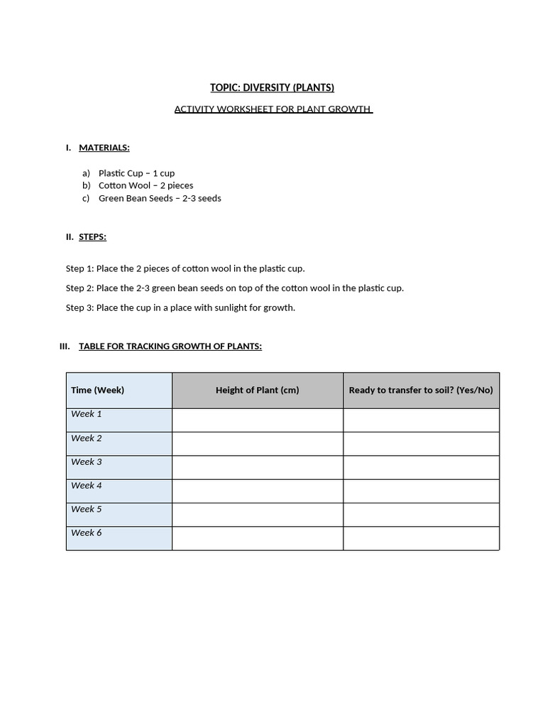 Plant Growth Tracking Worksheet | PDF