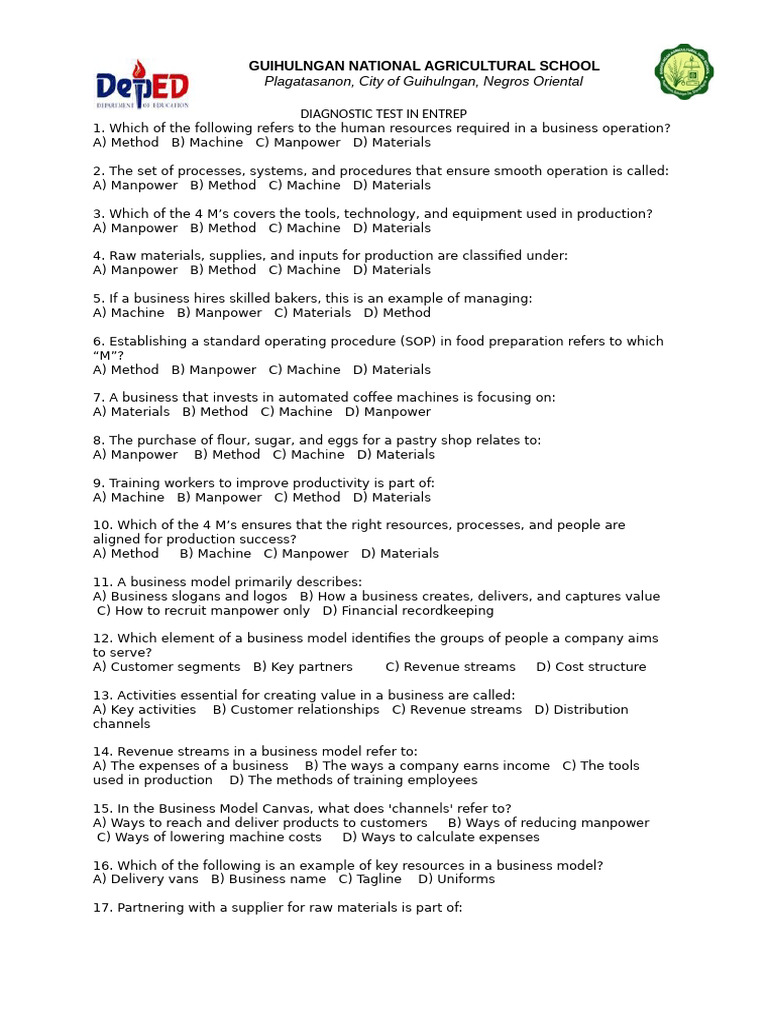Diagnostic Test in Entrepreneurship | PDF | Expense | Balance Sheet