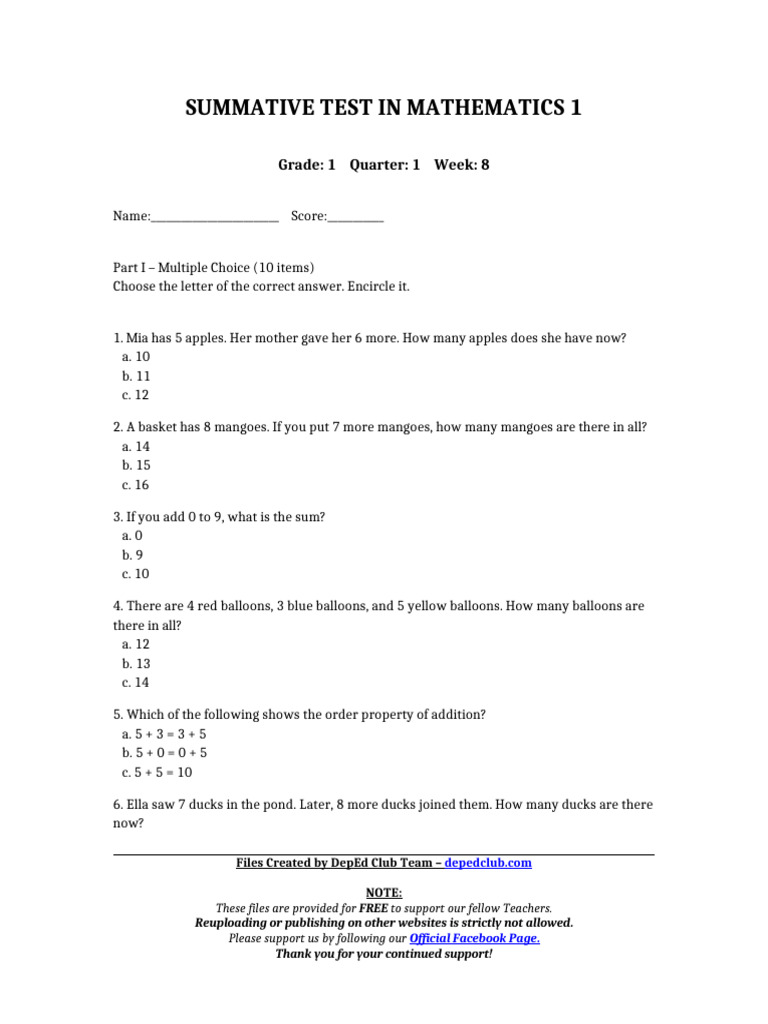 Summ - Test Mathematics 1 q1 w8 | PDF | Chess Openings | Chess Theory