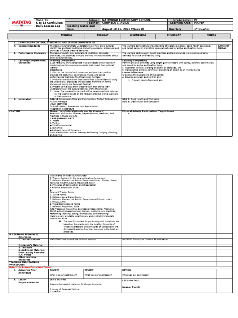 K to 12 MAPEH Daily Lesson Log Grade IV | PDF | The Arts | Curriculum
