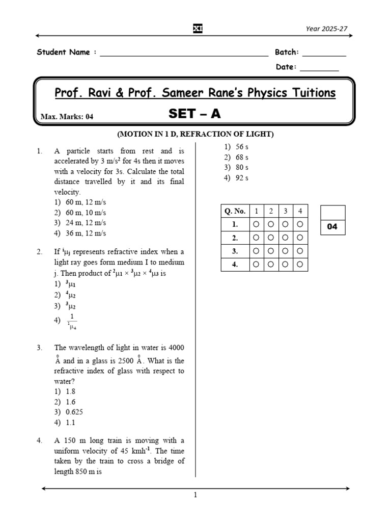 DPT (PCB) - Motion in 1 D, Refraction of Light (Sameer SIR) - A - 03-09 ...