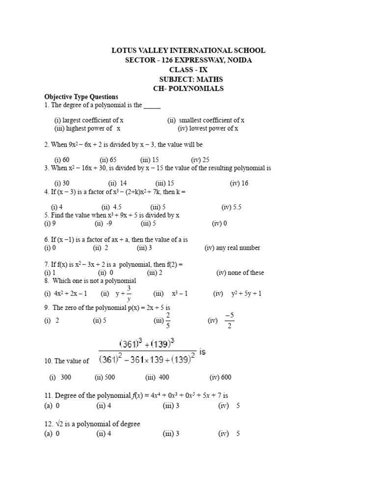 Class IX Maths: Polynomial Questions | PDF | Factorization | Polynomial