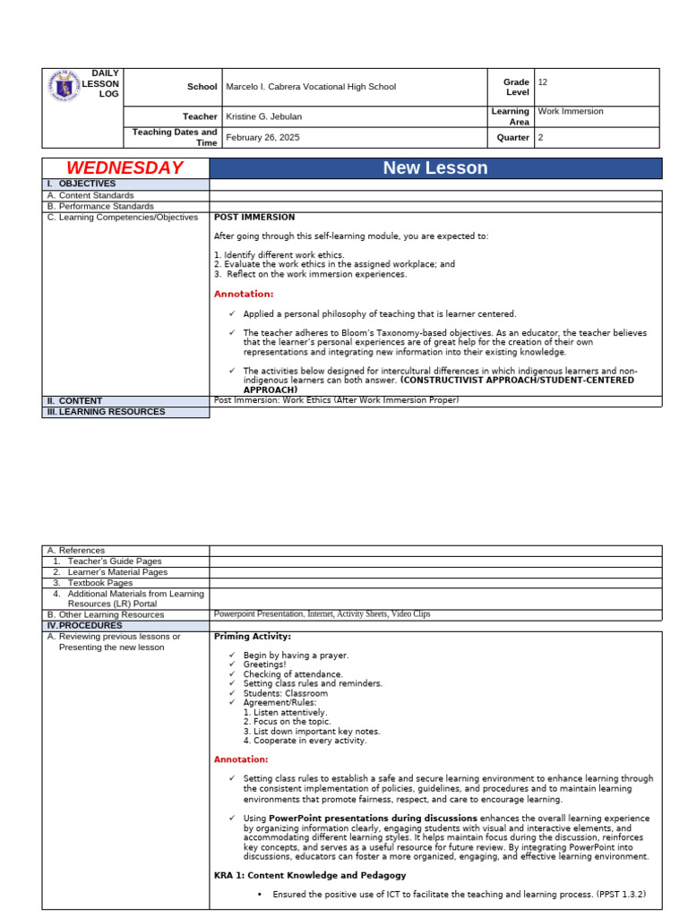 Work Ethics in Post-Immersion Learning | PDF | Learning | Teachers