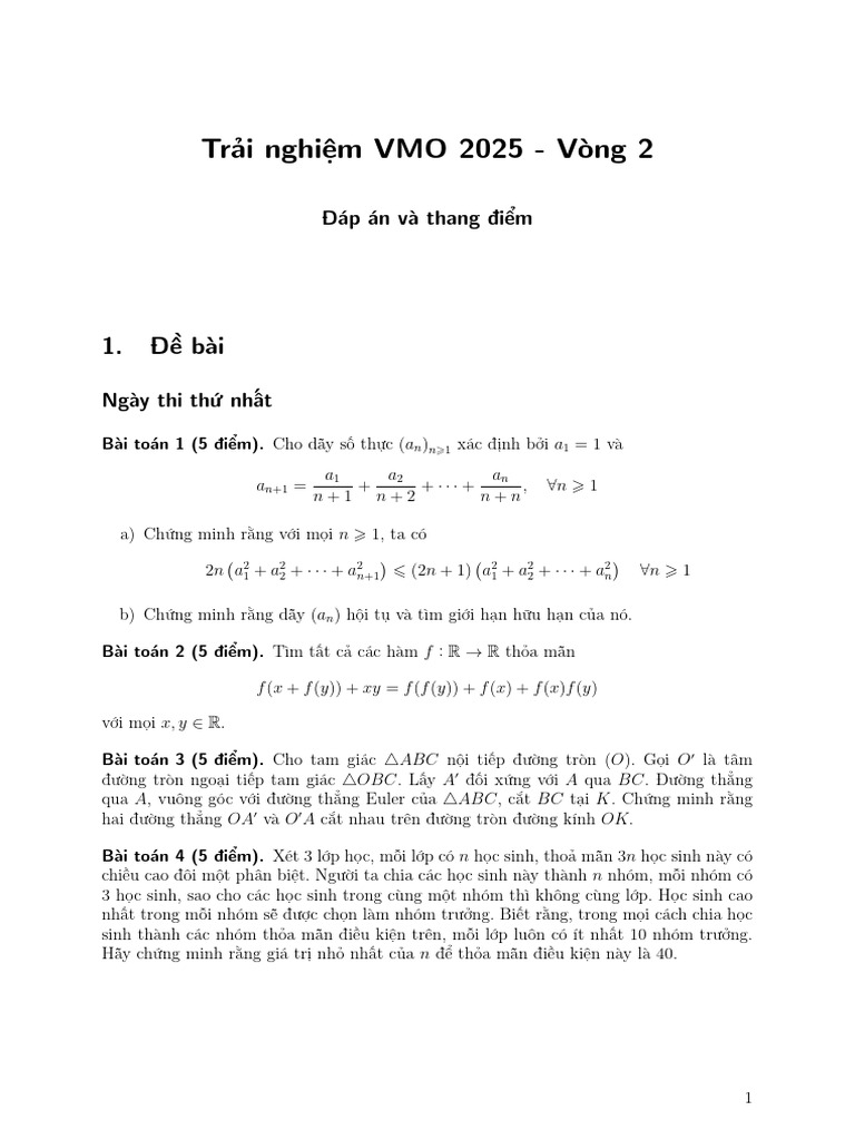 Đáp án và thang điểm Trải nghiệm VMO 2025 - Vòng 2 | PDF