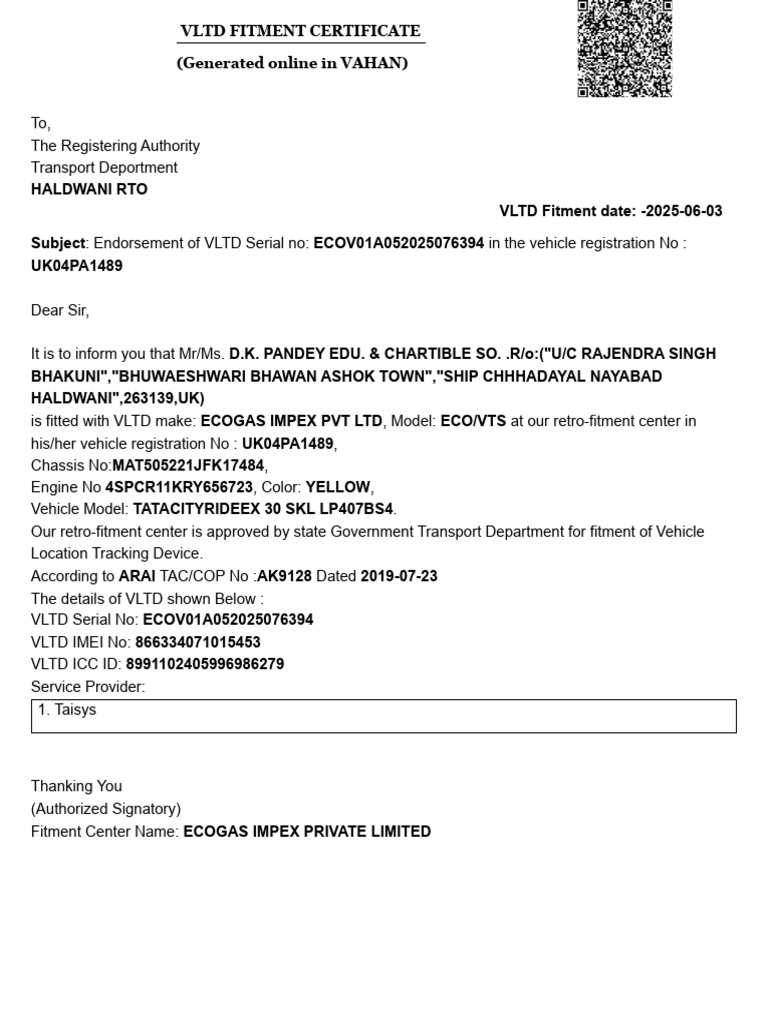 VLTD Fitment Certificate for Vehicle UK04PA1489 | PDF