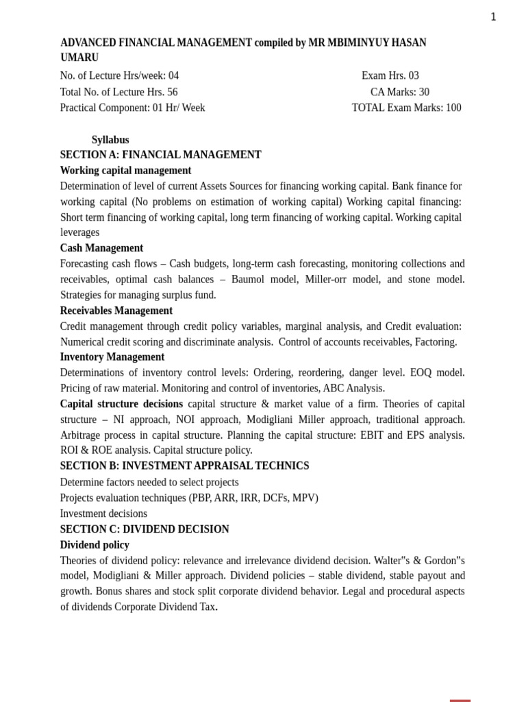 Advanced Financial Management Notes PDF | PDF | Working Capital | Dividend