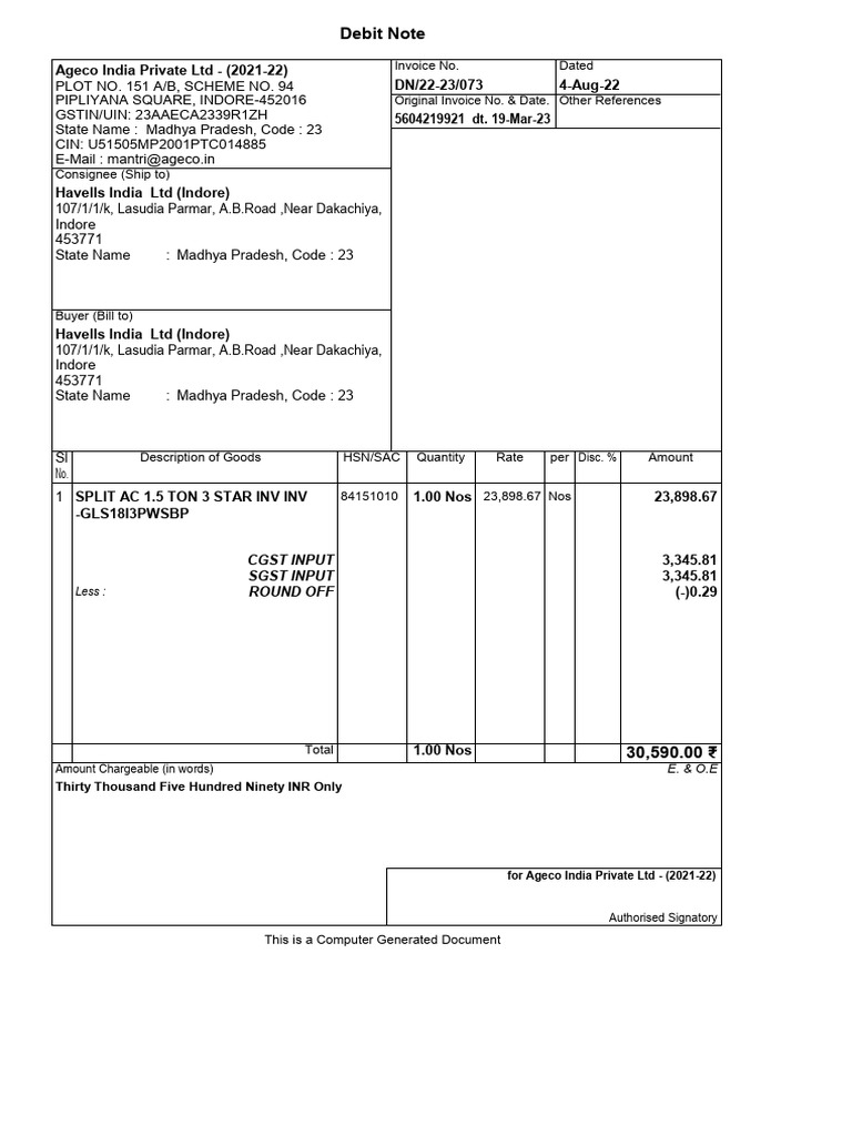 Ac Debit Note Havells | PDF