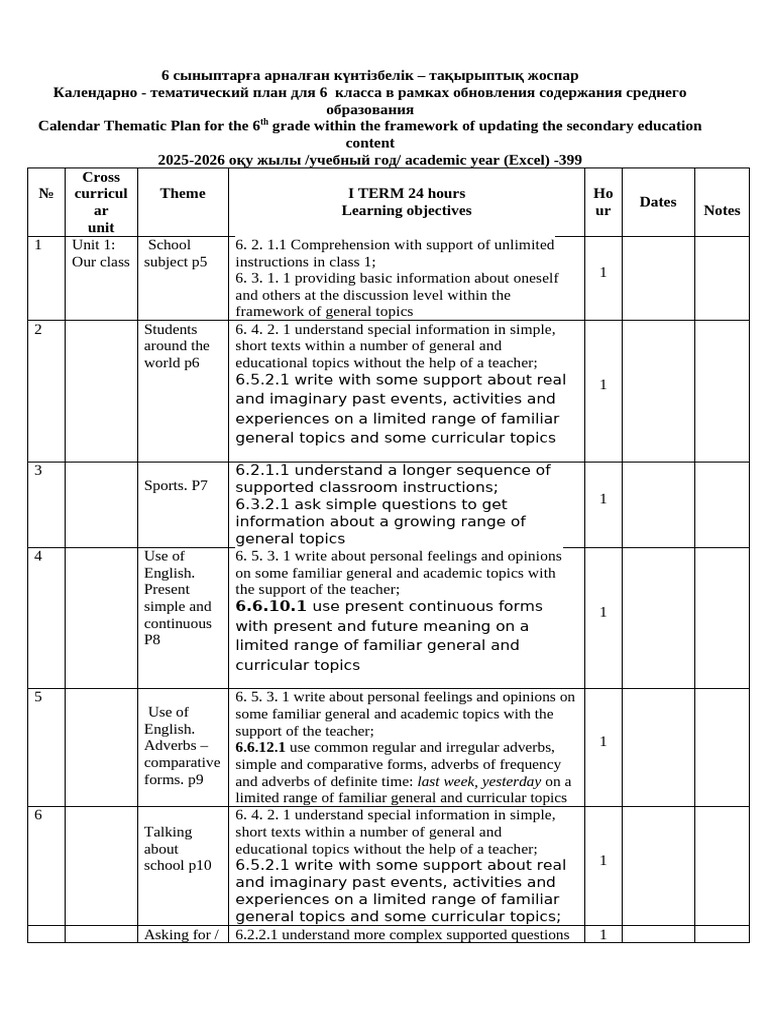 6th Grade Calendar-Thematic Plan | PDF | English Language | Curriculum